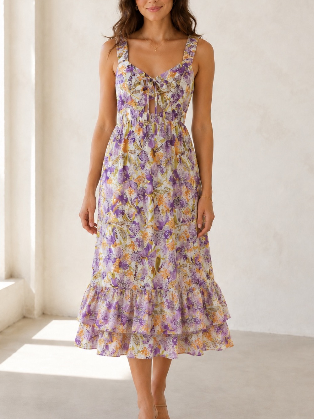 Adelyn Rae Kathleena Floral Eyelet Front Cutout Tiered Midi Dress Size M